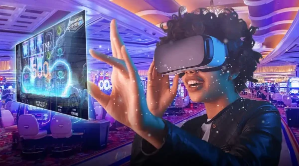 Pemain menggunakan headset VR memainkan slot online dengan lingkungan kasino mewah 3D